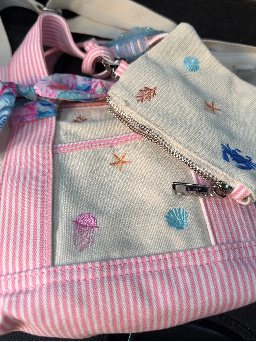 Madden Girl Cream & Pink Striped Mini Canvas Tote with Beach Embroidery